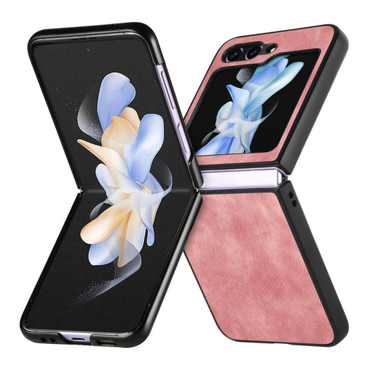 Pour Samsung Galaxy Z Flip6 / Flip7 FE JUNSUNMAY Coque de Téléphone Pliable en PC avec Revêtement en Cuir Motif Rétro (Rose)