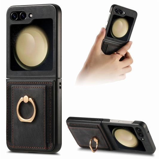 For Samsung Galaxy Z Flip6 / Flip7 FE JUNSUNMAY Retro Leather Skin PC Folding Phone Case with Phone Ring(Black)