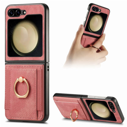 Pour Samsung Galaxy Z Flip6 / Flip7 FE JUNSUNMAY Coque de Téléphone Pliante Rétro en Cuir PC avec Anneau de Téléphone (Rose)