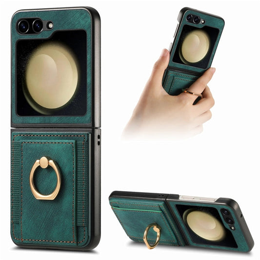 For Samsung Galaxy Z Flip6 / Flip7 FE JUNSUNMAY Retro Leather Skin PC Folding Phone Case with Phone Ring(Green)