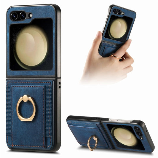 Pour Samsung Galaxy Z Flip6 / Flip7 FE JUNSUNMAY Coque de Téléphone Pliable en Cuir Rétro PC avec Anneau de Téléphone (Bleu)