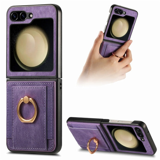 Pour Samsung Galaxy Z Flip6 / Flip7 FE JUNSUNMAY Étui de téléphone pliant en cuir rétro pour PC avec anneau de téléphone (violet)