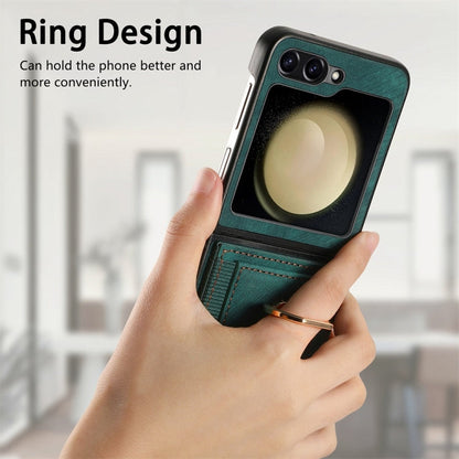 Pour Samsung Galaxy Z Flip6 / Flip7 FE JUNSUNMAY Étui de téléphone pliant en cuir rétro pour PC avec anneau de téléphone (vert)