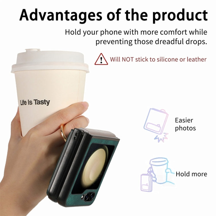 For Samsung Galaxy Z Flip6 / Flip7 FE JUNSUNMAY Retro Leather Skin PC Folding Phone Case with Phone Ring(Blue)