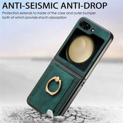 For Samsung Galaxy Z Flip6 / Flip7 FE JUNSUNMAY Retro Leather Skin PC Folding Phone Case with Phone Ring(Blue)