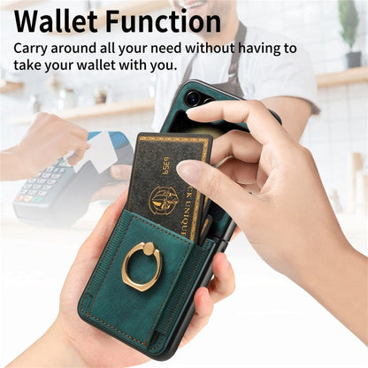Pour Samsung Galaxy Z Flip6 / Flip7 FE JUNSUNMAY Étui de téléphone pliant en cuir rétro pour PC avec anneau de téléphone (vert)