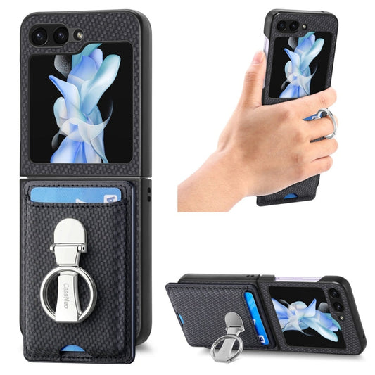 Pour Samsung Galaxy Z Flip6 / Flip7 FE JUNSUNMAY Coque de Téléphone Pliante en PC avec Anneau de Téléphone en Cuir Fibre de Carbone (Noir)