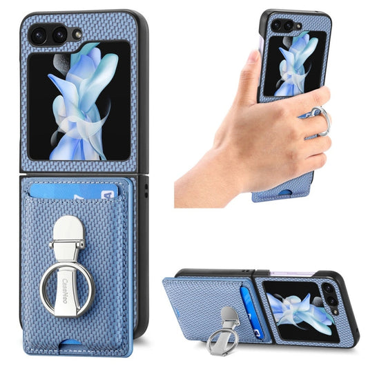 Pour Samsung Galaxy Z Flip6 / Flip7 FE JUNSUNMAY Coque de Téléphone Pliante en PC avec Anneau de Téléphone en Cuir Fibre de Carbone (Bleu)