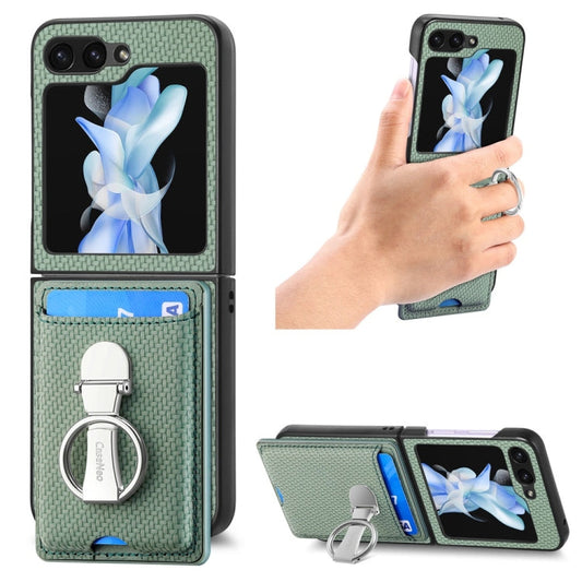 Pour Samsung Galaxy Z Flip6 / Flip7 FE JUNSUNMAY Coque de Téléphone Pliable en PC avec Anneau de Téléphone en Cuir Fibre de Carbone (Vert)
