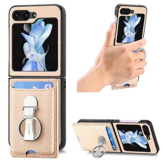 Pour Samsung Galaxy Z Flip6 / Flip7 FE JUNSUNMAY Coque de Téléphone Pliable en PC avec Anneau de Téléphone en Cuir Fibre de Carbone (Kaki)