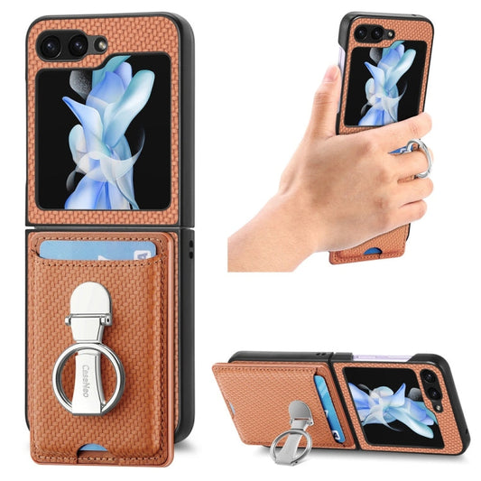 For Samsung Galaxy Z Flip6 / Flip7 FE JUNSUNMAY Carbon Fiber Leather Skin PC Folding Phone Case with Phone Ring(Brown)