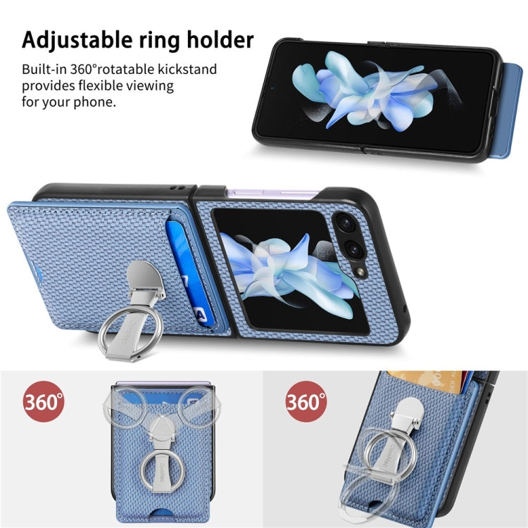 For Samsung Galaxy Z Flip6 / Flip7 FE JUNSUNMAY Carbon Fiber Leather Skin PC Folding Phone Case with Phone Ring(Blue)