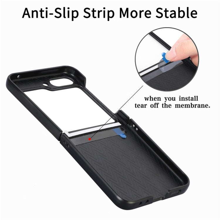 For Samsung Galaxy Z Flip6 / Flip7 FE JUNSUNMAY Carbon Fiber Leather Skin PC Folding Phone Case with Phone Ring(Khaki)