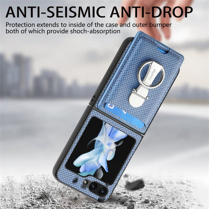 For Samsung Galaxy Z Flip6 / Flip7 FE JUNSUNMAY Carbon Fiber Leather Skin PC Folding Phone Case with Phone Ring(Blue)