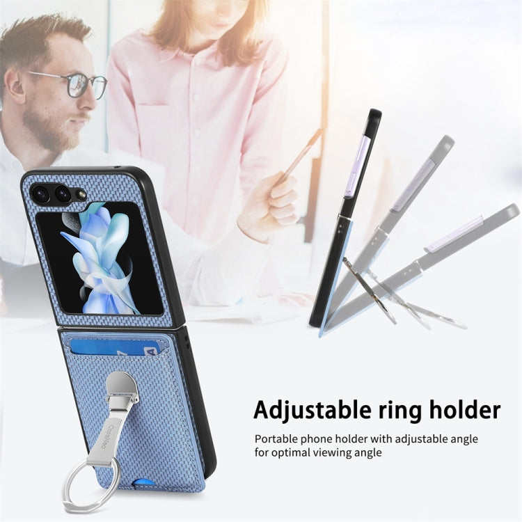 For Samsung Galaxy Z Flip6 / Flip7 FE JUNSUNMAY Carbon Fiber Leather Skin PC Folding Phone Case with Phone Ring(Blue)
