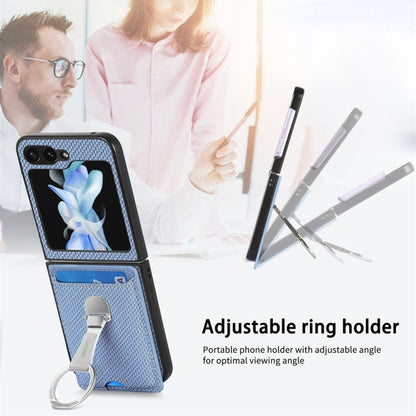 For Samsung Galaxy Z Flip6 / Flip7 FE JUNSUNMAY Carbon Fiber Leather Skin PC Folding Phone Case with Phone Ring(Blue)