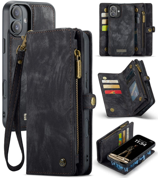 Pour iPhone 16 Étui portefeuille détachable multifonctionnel en cuir CaseMe 008 (noir)