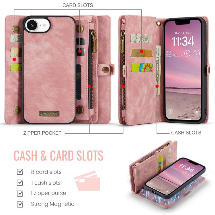 For iPhone 17e / 16e CaseMe 008 Detachable Multifunctional Leather Phone Case(Pink)