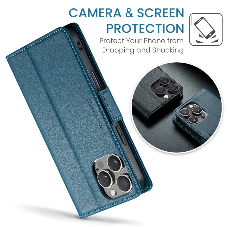 For iPhone 16 Pro Max CaseMe 023 Butterfly Buckle Litchi Texture RFID Anti-theft Leather Phone Case(Blue)