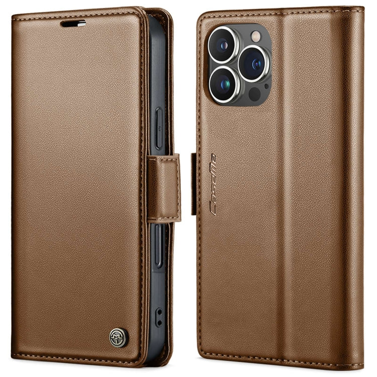 Pour iPhone 16 Pro Max Étui Caseme 023 avec boucle papillon, texture litchi, anti-vol RFID en cuir (marron)