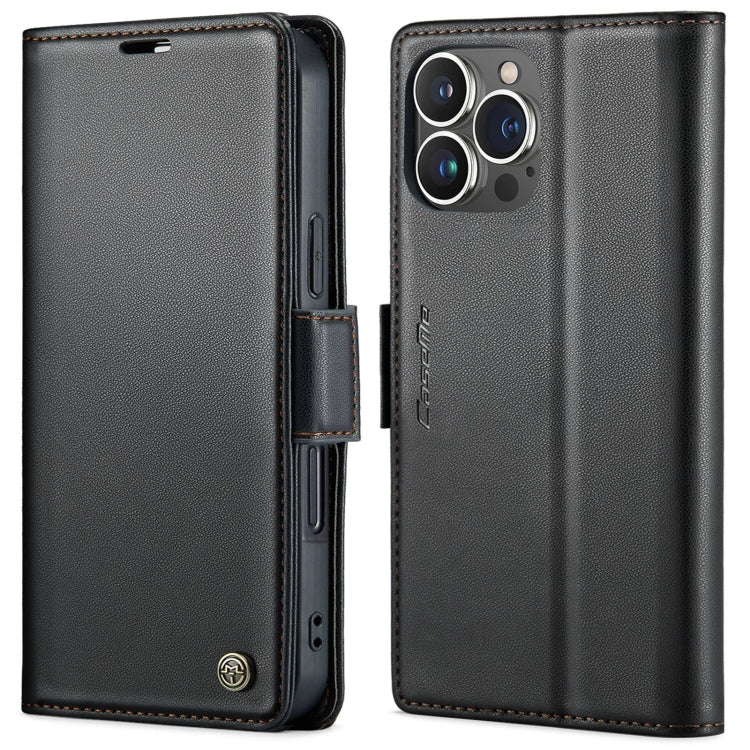 Pour iPhone 16 Pro Max Étui CaseMe 023 avec boucle papillon, texture litchi, anti-RFID, en cuir (Noir)