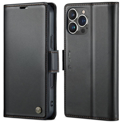 Pour iPhone 16 Pro Max Étui CaseMe 023 avec boucle papillon, texture litchi, anti-RFID, en cuir (Noir)