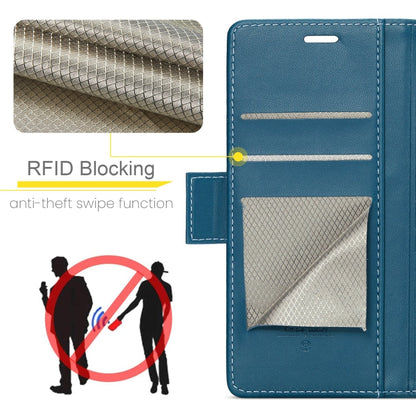 Pour iPhone 16 Pro Étui de téléphone en cuir anti-vol RFID texturé litchi avec boucle papillon CaseMe 023 (Bleu)