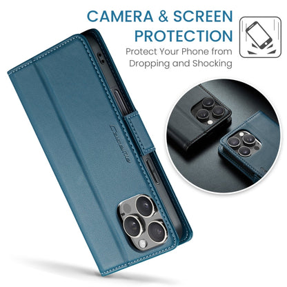 Pour iPhone 16 Pro Étui de téléphone en cuir anti-vol RFID texturé litchi avec boucle papillon CaseMe 023 (Bleu)