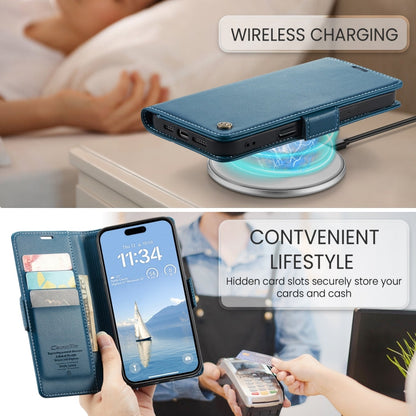 Pour iPhone 16 Pro Étui de téléphone en cuir anti-vol RFID texturé litchi avec boucle papillon CaseMe 023 (Bleu)