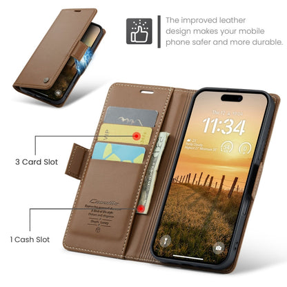Pour iPhone 16 Pro Étui en cuir texturé litchi CaseMe 023 avec boucle papillon et protection RFID (marron)