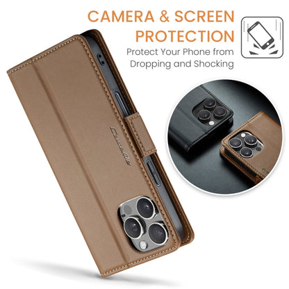 Pour iPhone 16 Pro Étui en cuir texturé litchi CaseMe 023 avec boucle papillon et protection RFID (marron)