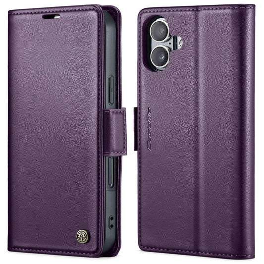 Pour iPhone 16 Étui en Cuir Anti-vol RFID Texturé Litchi avec Boucle Papillon CaseMe 023 (Violet)