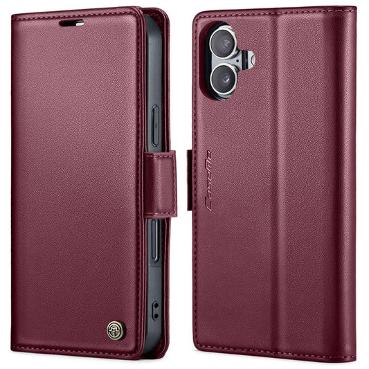 Pour iPhone 16 Étui en cuir texturé litchi CaseMe 023 avec boucle papillon et protection RFID (Rouge)