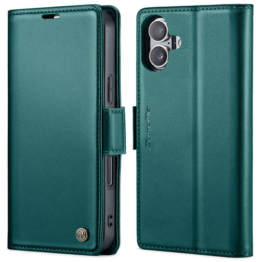 Pour iPhone 16 Étui en cuir texturé Litchi CaseMe 023 avec boucle papillon et protection RFID (vert)