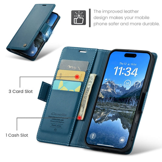 Pour iPhone 16 Étui en cuir texturé litchi CaseMe 023 avec boucle papillon et protection RFID (Bleu)