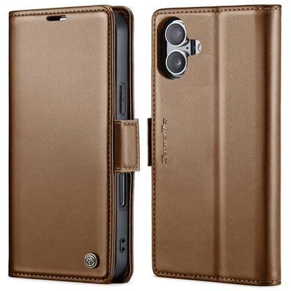 Pour iPhone 16 Étui en cuir texturé litchi CaseMe 023 avec boucle papillon et protection RFID antivol (marron)