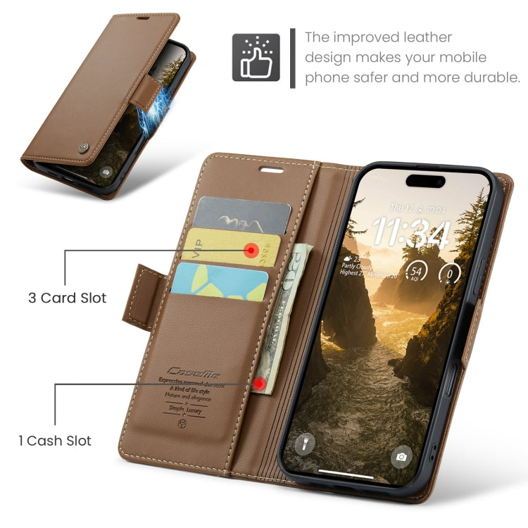 Pour iPhone 16 Étui en cuir texturé litchi CaseMe 023 avec boucle papillon et protection RFID antivol (marron)