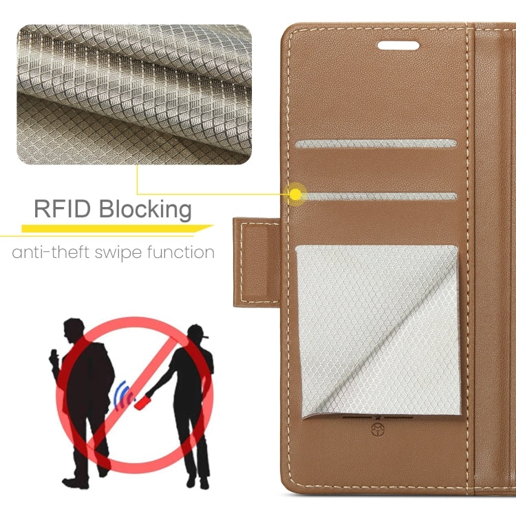 Pour iPhone 16 Étui en cuir texturé litchi CaseMe 023 avec boucle papillon et protection RFID antivol (marron)