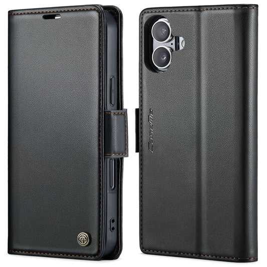Pour iPhone 16 Étui en cuir avec texture litchi et boucle papillon CaseMe 023 RFID anti-vol (Noir)