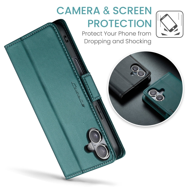 Pour iPhone 16 Plus Étui téléphone en cuir anti-vol RFID CaseMe 023 avec boucle papillon et texture litchi (Vert)