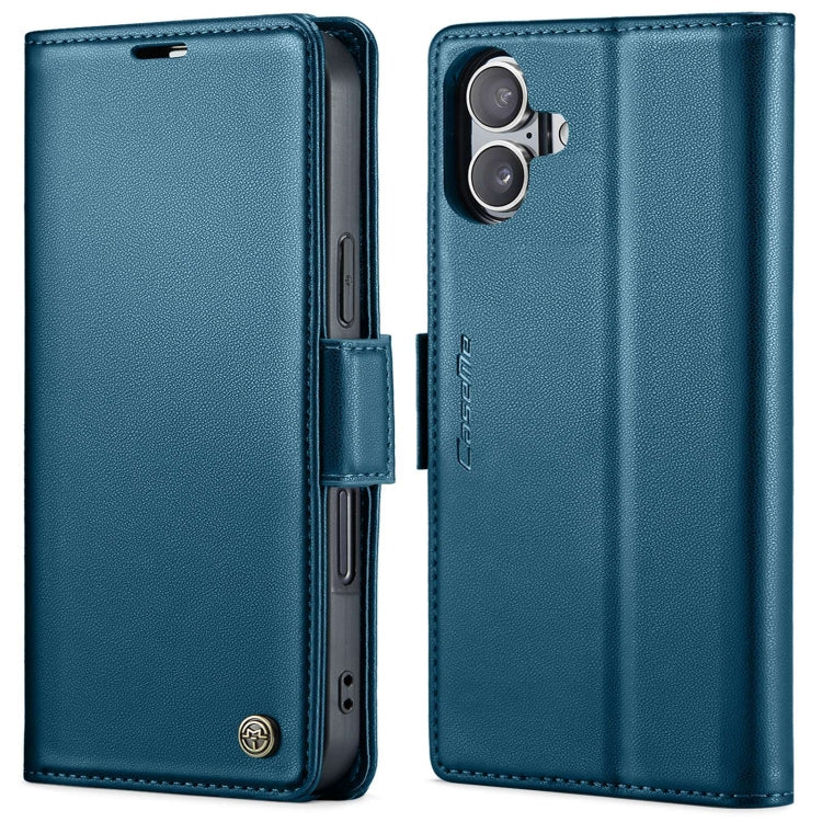Pour iPhone 16 Plus Étui en cuir antivot RFID CaseMe 023 avec boucle papillon et texture litchi (Bleu)