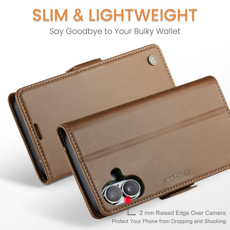 For iPhone 16 Plus CaseMe 023 Butterfly Buckle Litchi Texture RFID Anti-theft Leather Phone Case(Brown)