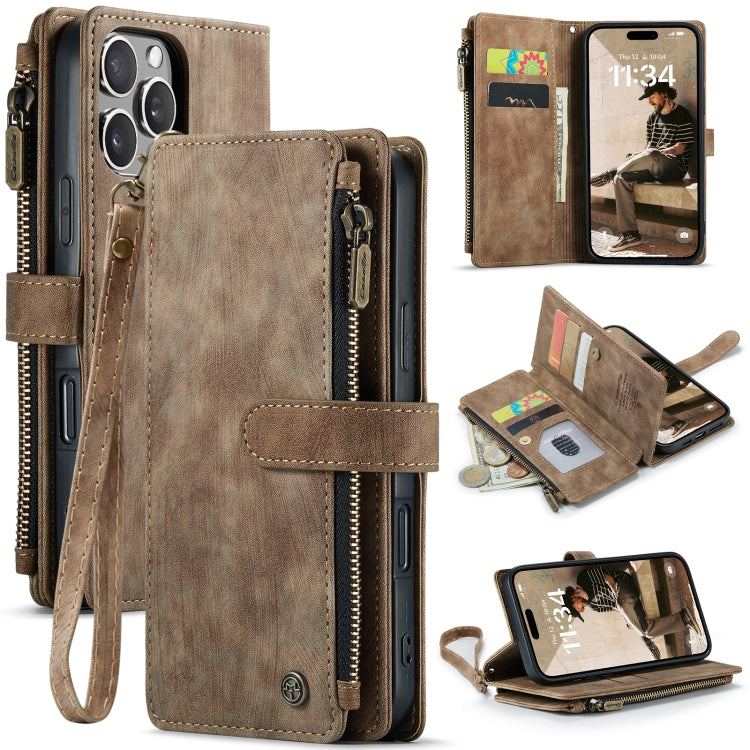 Pour iPhone 16 Pro Étui portefeuille en cuir CaseMe C30 avec fentes pour cartes et fermeture éclair (marron)