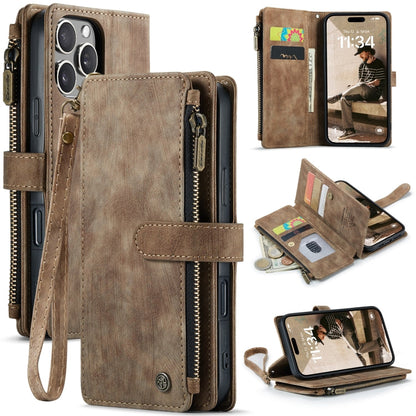 Pour iPhone 16 Pro Étui portefeuille en cuir CaseMe C30 avec fentes pour cartes et fermeture éclair (marron)