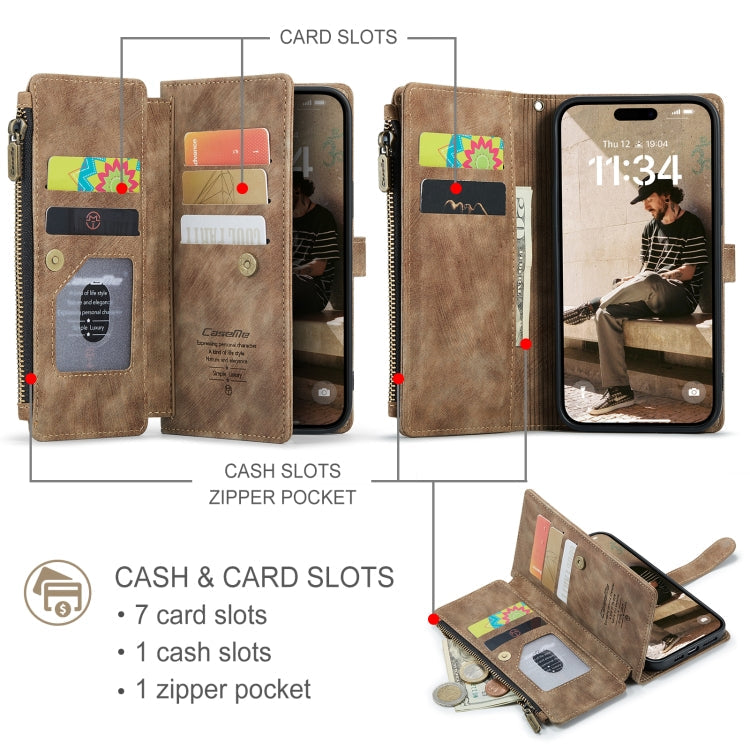 Pour iPhone 16 Pro Étui portefeuille en cuir CaseMe C30 avec fentes pour cartes et fermeture éclair (marron)