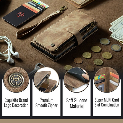 Pour iPhone 16 Pro Étui portefeuille en cuir CaseMe C30 avec fentes pour cartes et fermeture éclair (marron)