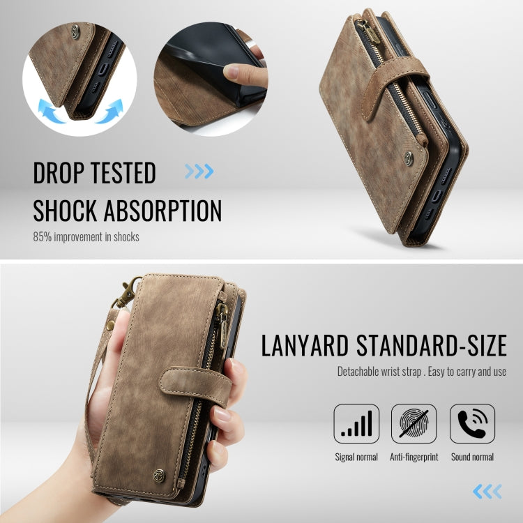 Pour iPhone 16 Pro Étui portefeuille en cuir CaseMe C30 avec fentes pour cartes et fermeture éclair (marron)