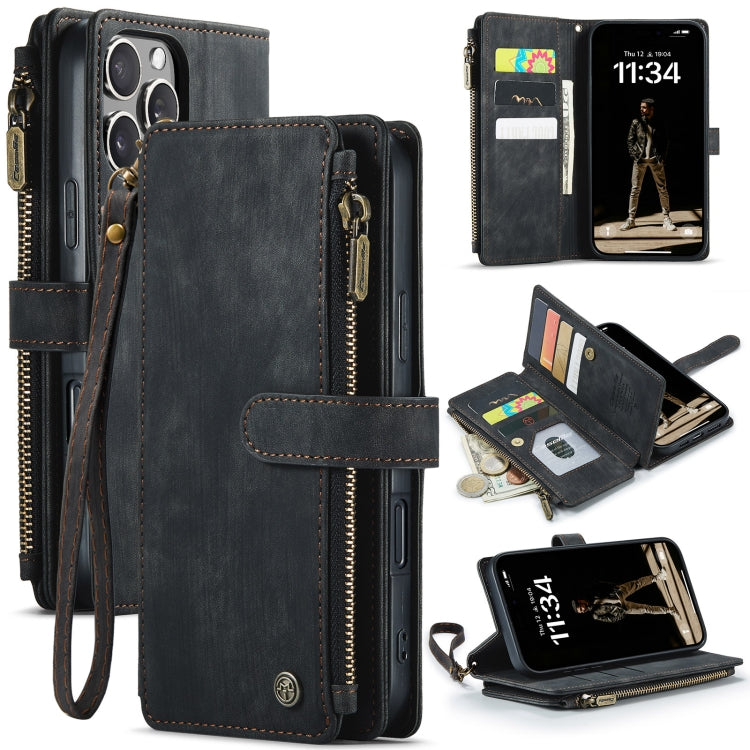 Pour iPhone 16 Pro Max Étui Portefeuille en Cuir avec Fermeture Éclair et Fentes pour Cartes CaseMe C30 (Noir)