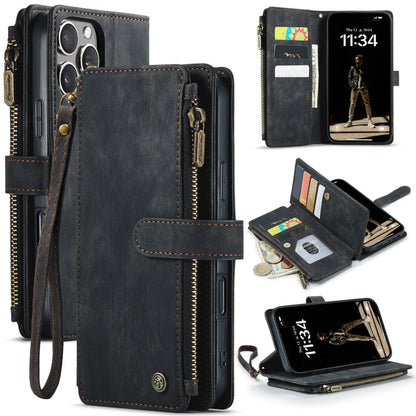 Pour iPhone 16 Pro Max Étui Portefeuille en Cuir avec Fermeture Éclair et Fentes pour Cartes CaseMe C30 (Noir)
