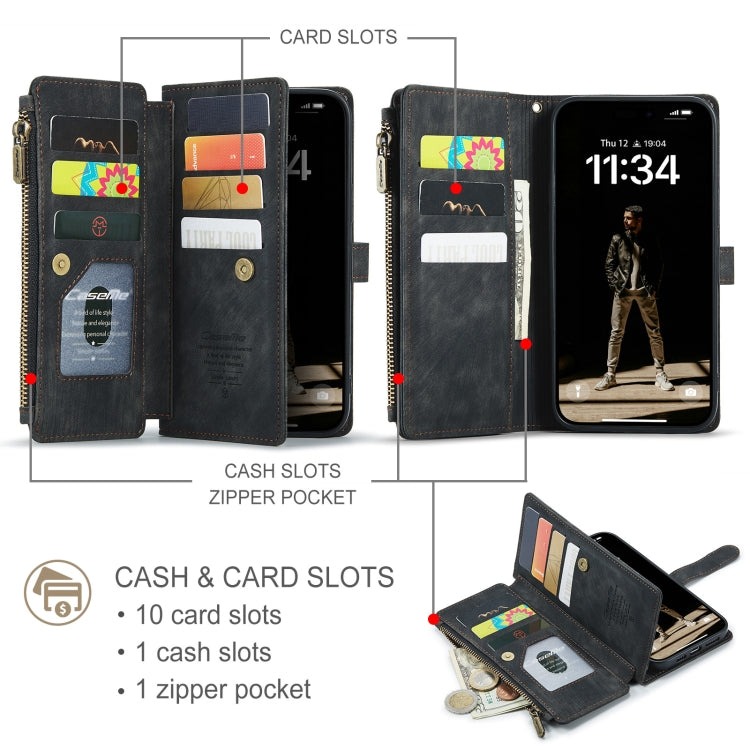 Pour iPhone 16 Pro Max Étui Portefeuille en Cuir avec Fermeture Éclair et Fentes pour Cartes CaseMe C30 (Noir)